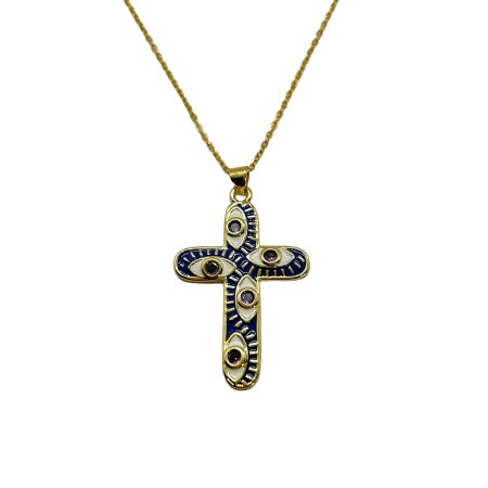 necklace steel chain gold cross metal blue